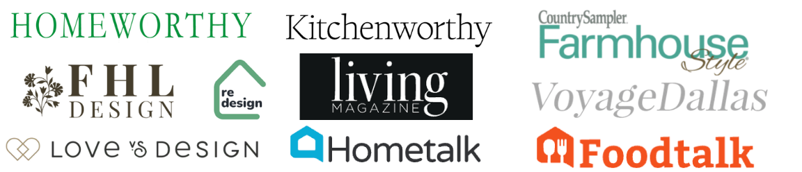 A collage of logos from various design and lifestyle brands, including HOMEWORTHY, Kitchenworthy, Farmhouse Style, FHL DESIGN, and Foodtalk, displayed in different fonts and colors offers inspiration for anyone seeking to create a welcoming and stylish home.
